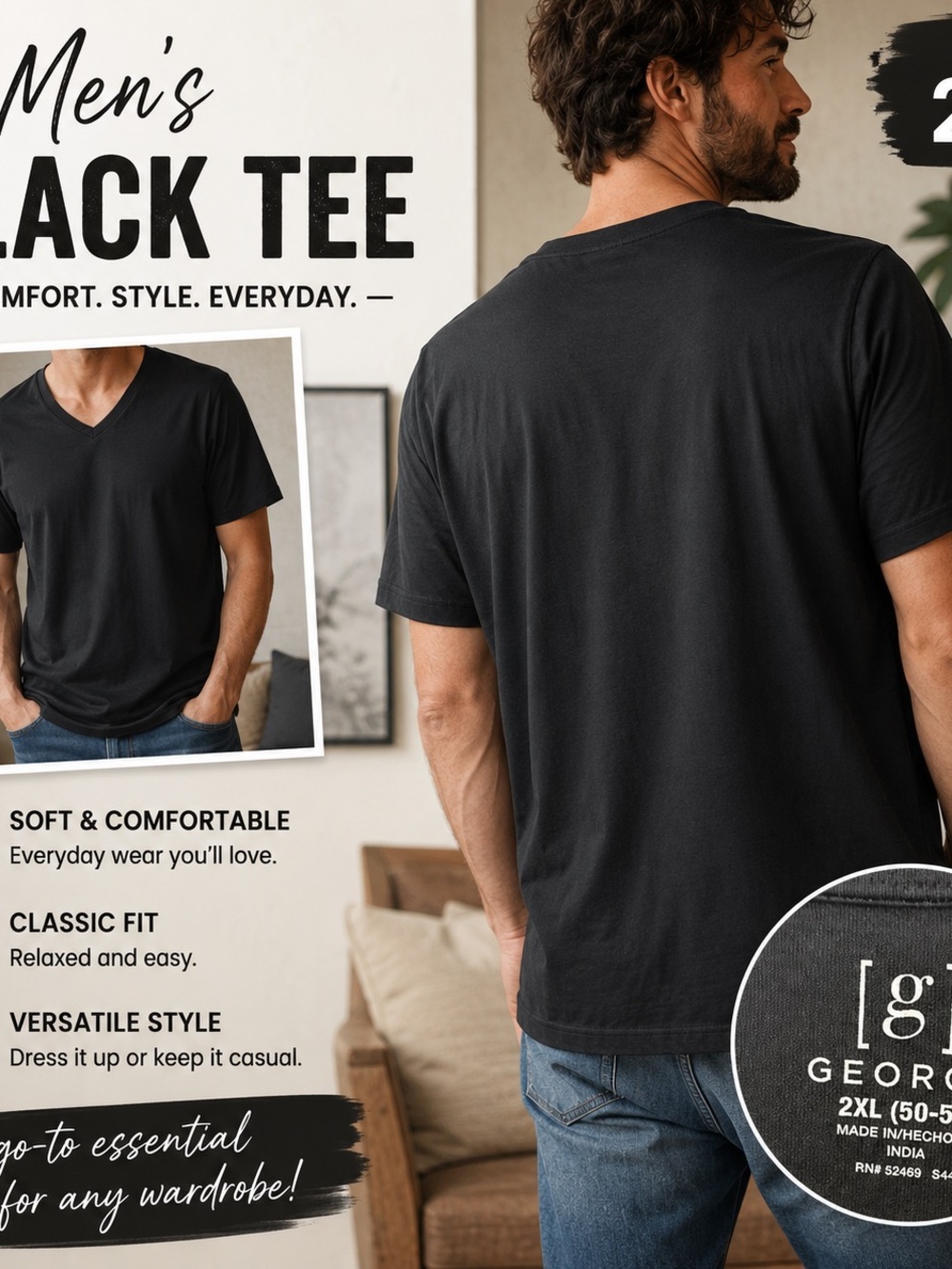 George Men’s Black V-Neck Short Sleeve Tee